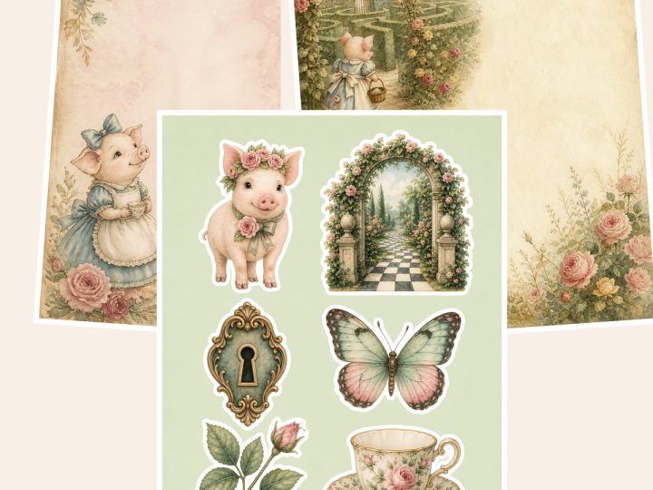 Free Alice Little Pig Wonderland Garden – 3 Printable Scrapbook Paper Samples