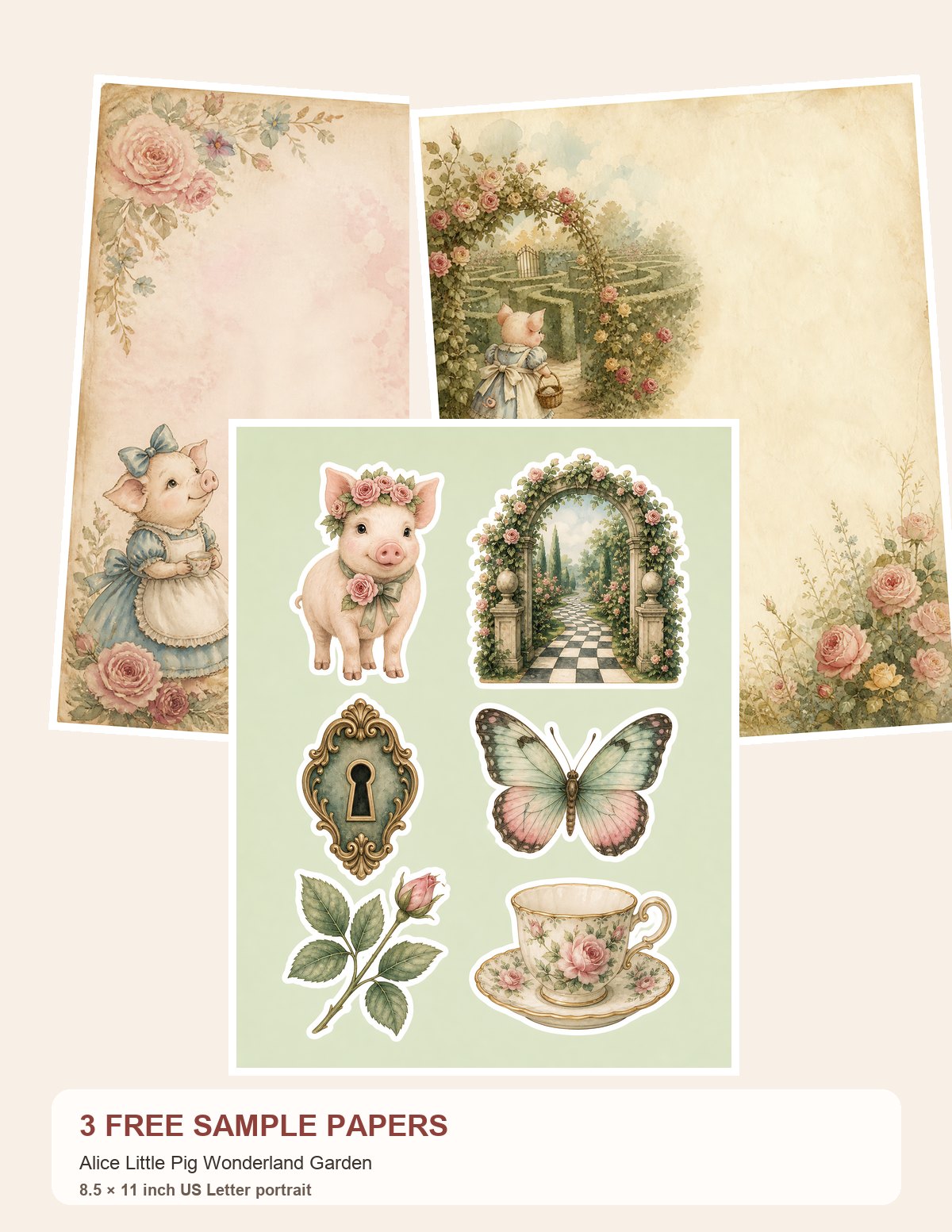 Free Alice Little Pig Wonderland Garden – 3 Printable Scrapbook Paper Samples