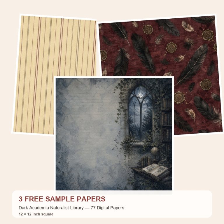 Free Dark Academia Naturalist Library — 77 Digital Papers – 3 Printable Scrapbook Paper Samples preview