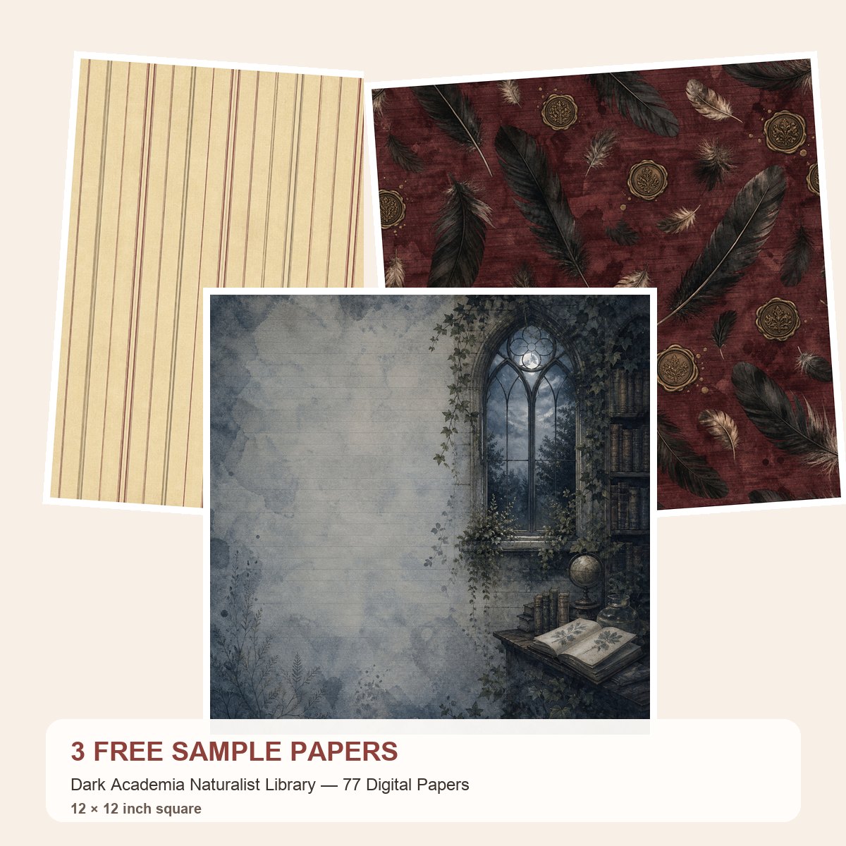 Free Dark Academia Naturalist Library — 77 Digital Papers – 3 Printable Scrapbook Paper Samples