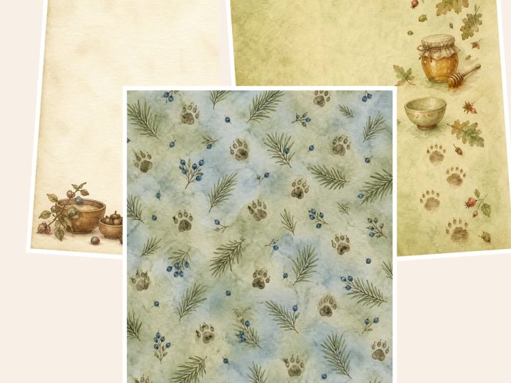 Free Goldilocks Bear Forest Cottage – 3 Printable Scrapbook Paper Samples
