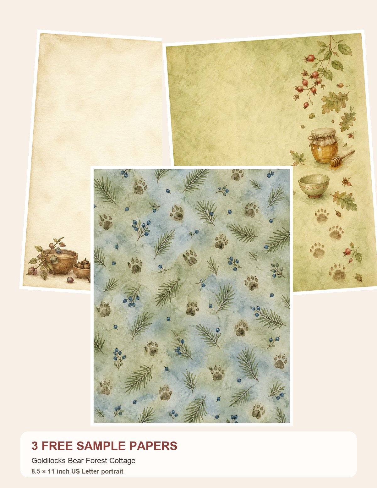 Free Goldilocks Bear Forest Cottage – 3 Printable Scrapbook Paper Samples