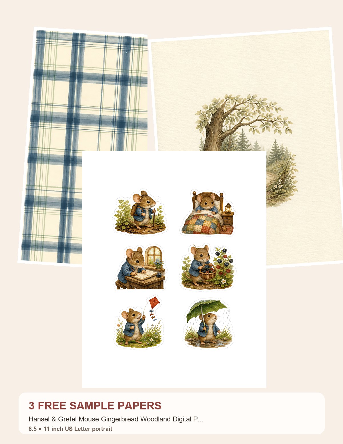 Free Hansel & Gretel Mouse Gingerbread Woodland Digital Papers – 3 Printable Scrapbook Paper Samples