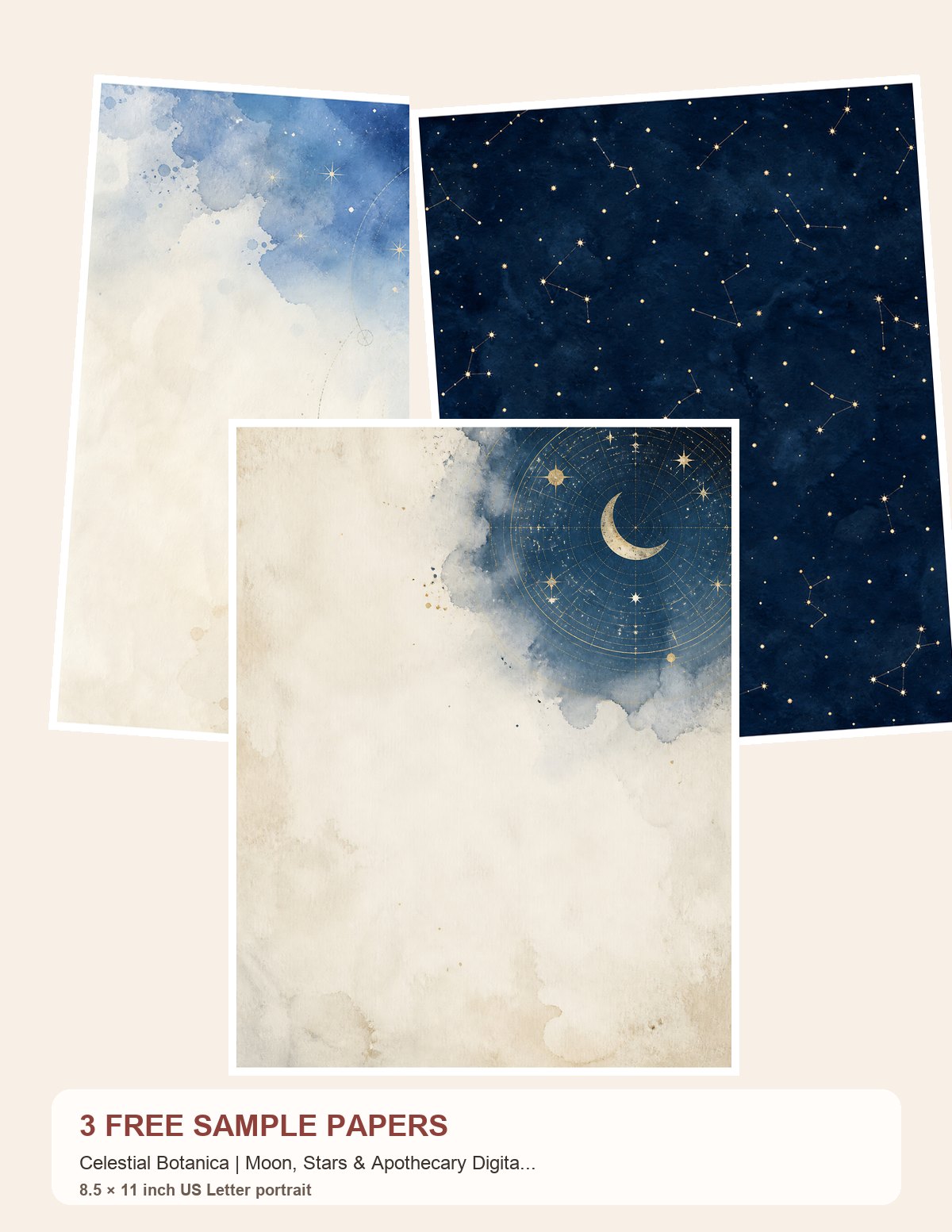 Free Celestial Botanica | Moon, Stars & Apothecary Digital Papers – 3 Printable Scrapbook Paper Samples