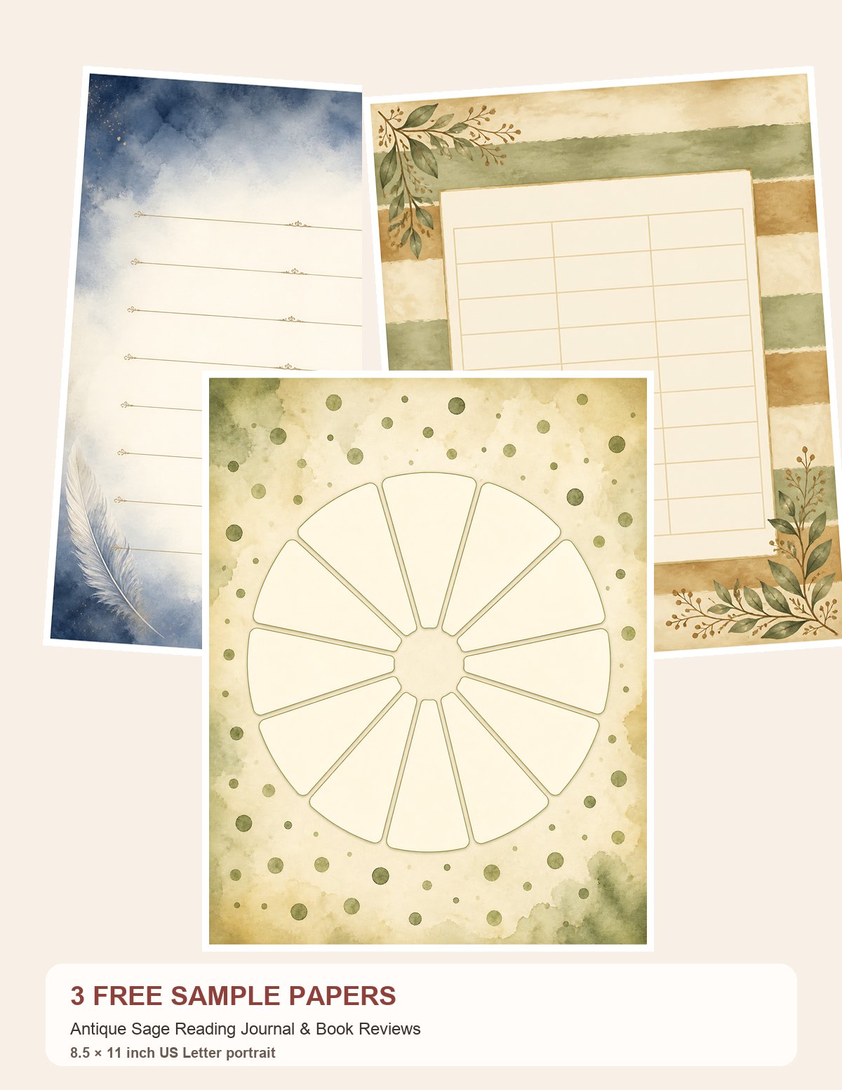 Free Antique Sage Reading Journal & Book Reviews – 3 Printable Scrapbook Paper Samples