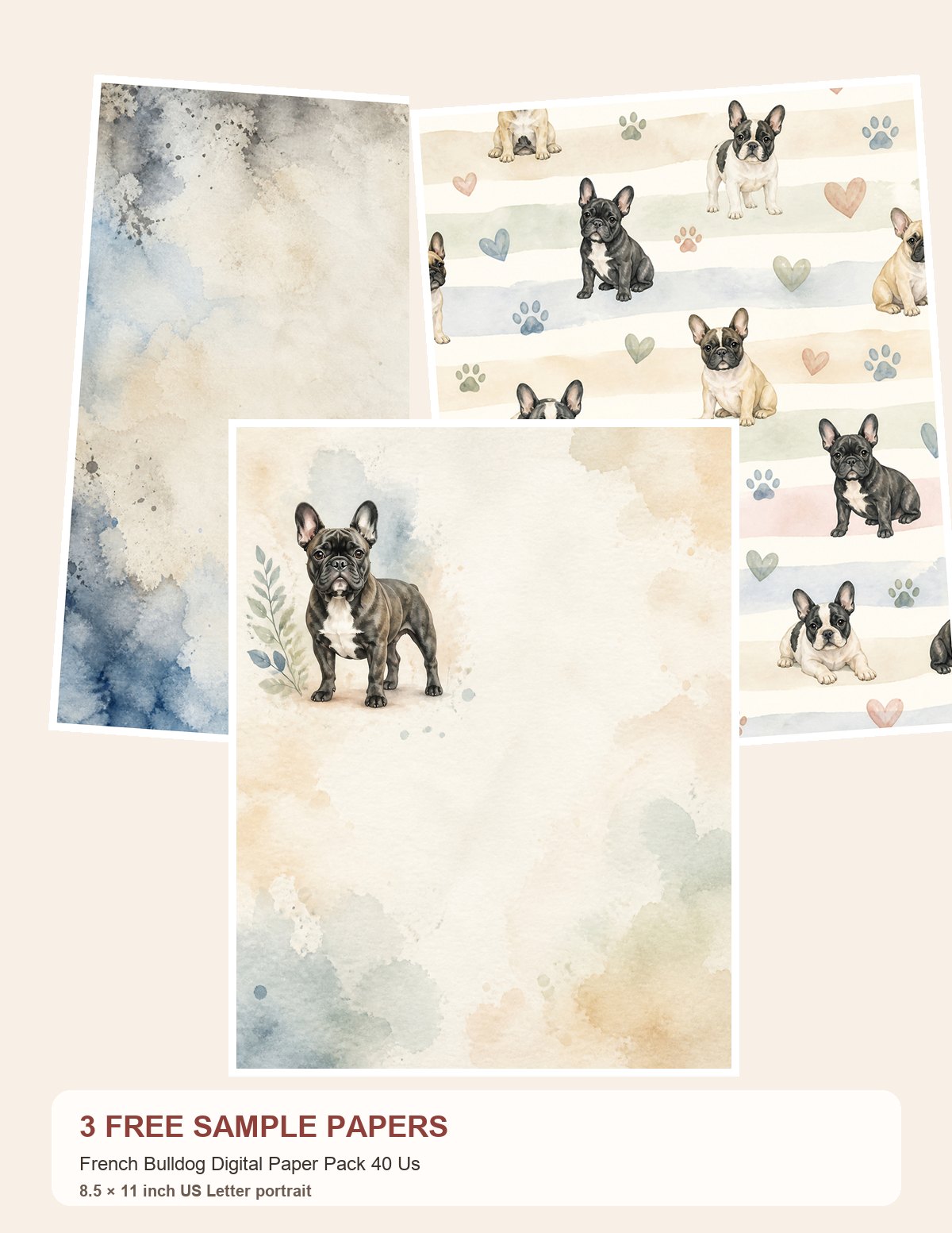 Free French Bulldog Digital Paper Pack 40 Us – 3 Printable Scrapbook Paper Samples