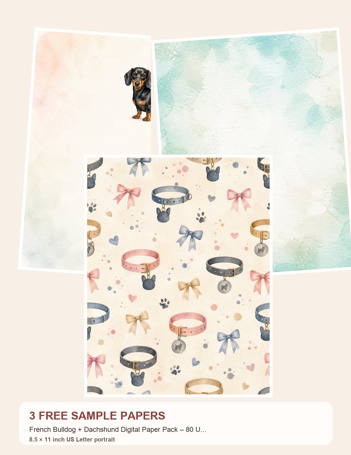 Free French Bulldog + Dachshund Digital Paper Pack – 80 US Letter JPGs – 3 Printable Scrapbook Paper Samples
