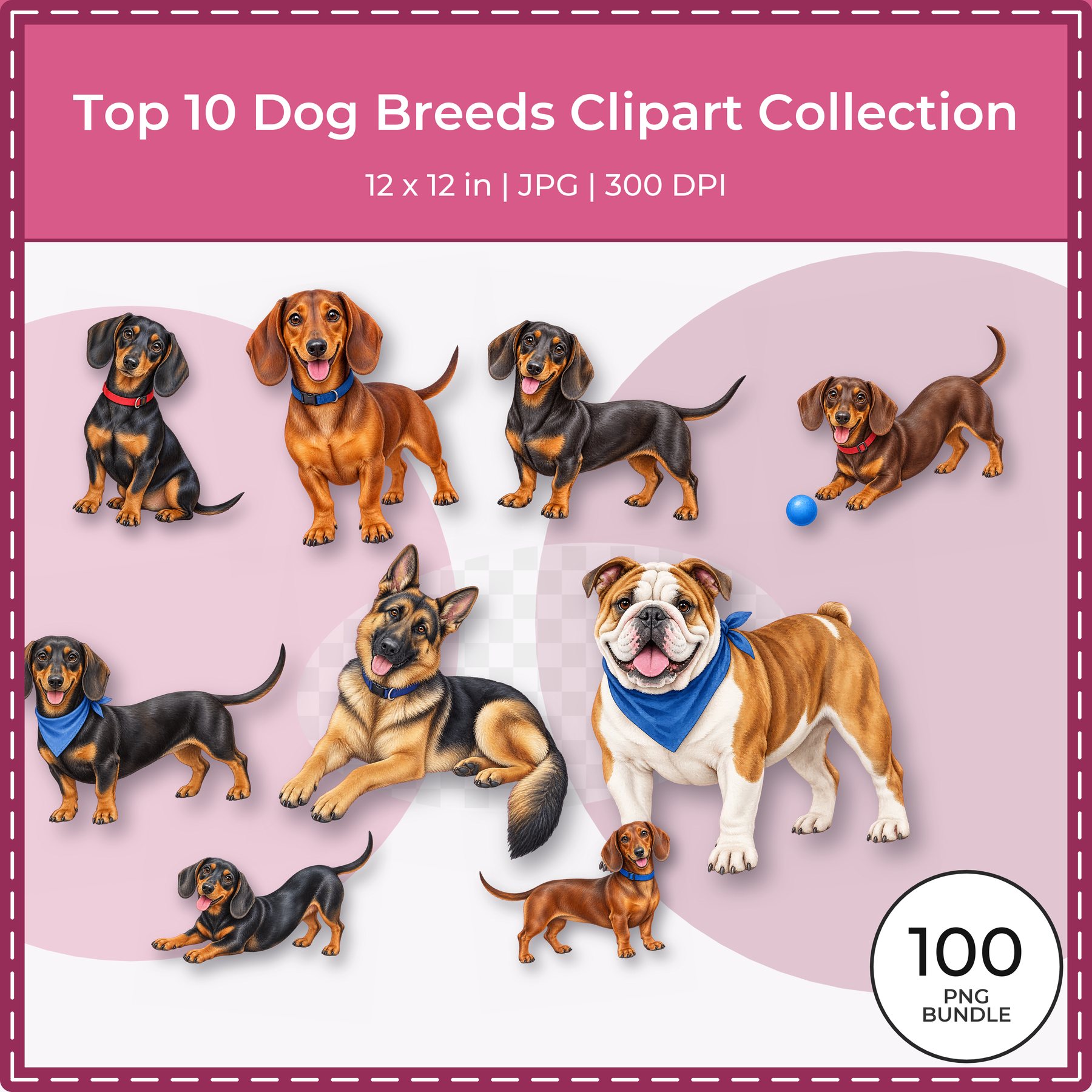 Top 10 Dog Breeds Clipart PNG Bundle – 100 Transparent Watercolor Dogs