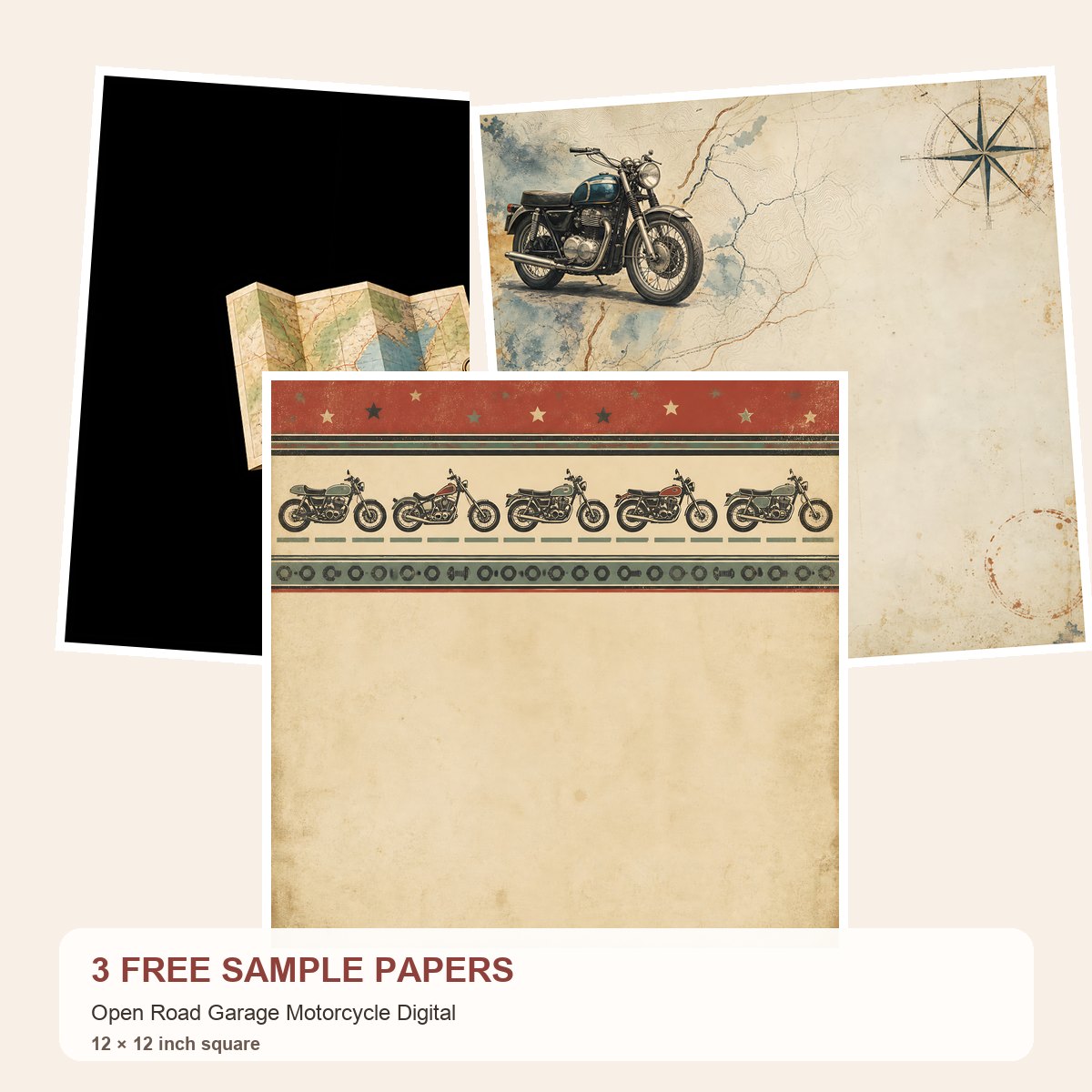 Free Open Road Garage Motorcycle Digital – 3 Printable Scrapbook Paper Samples