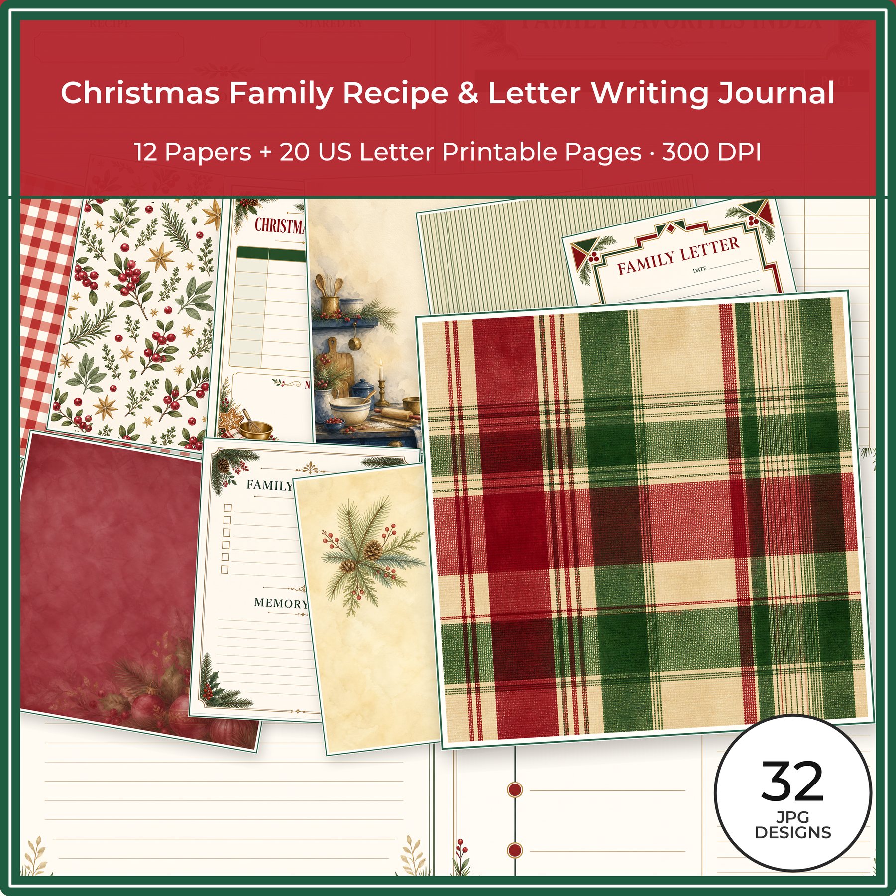 Christmas Family Recipe Journal — 12 Papers + 20 Printable Pages