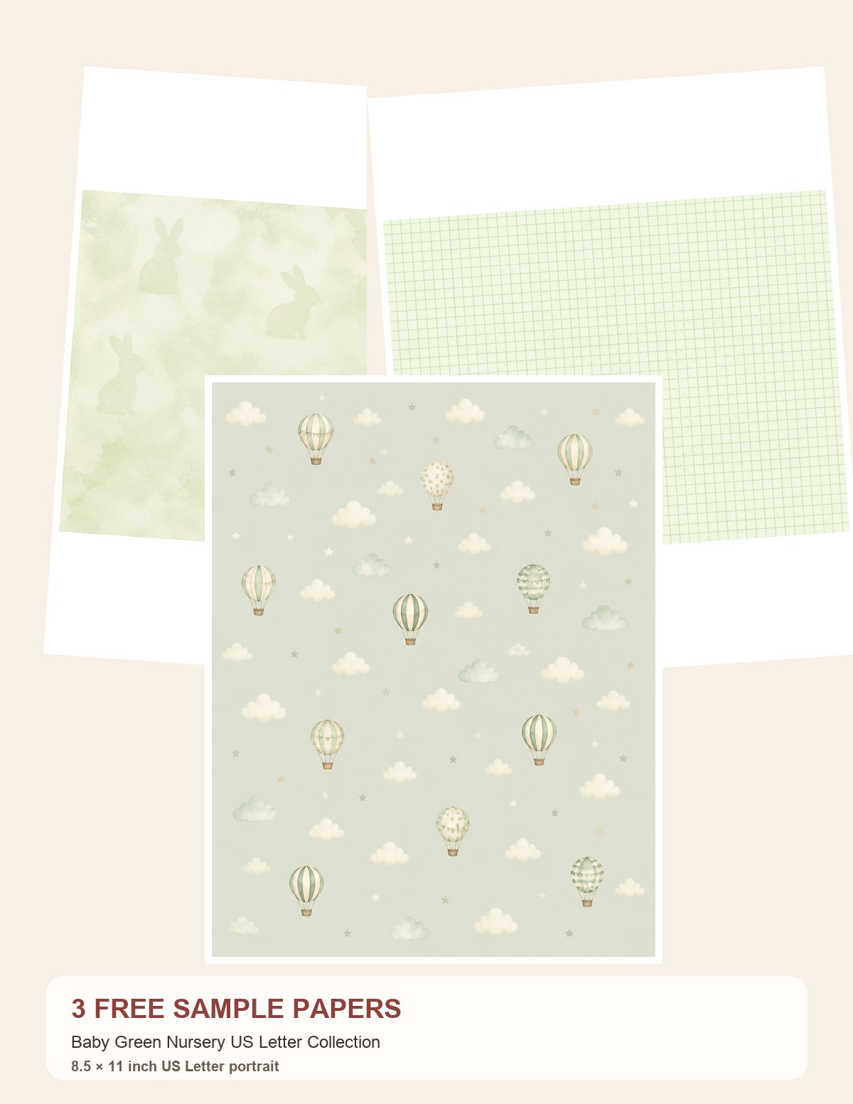 Free Baby Green Nursery US Letter Collection – 3 Printable Scrapbook Paper Samples