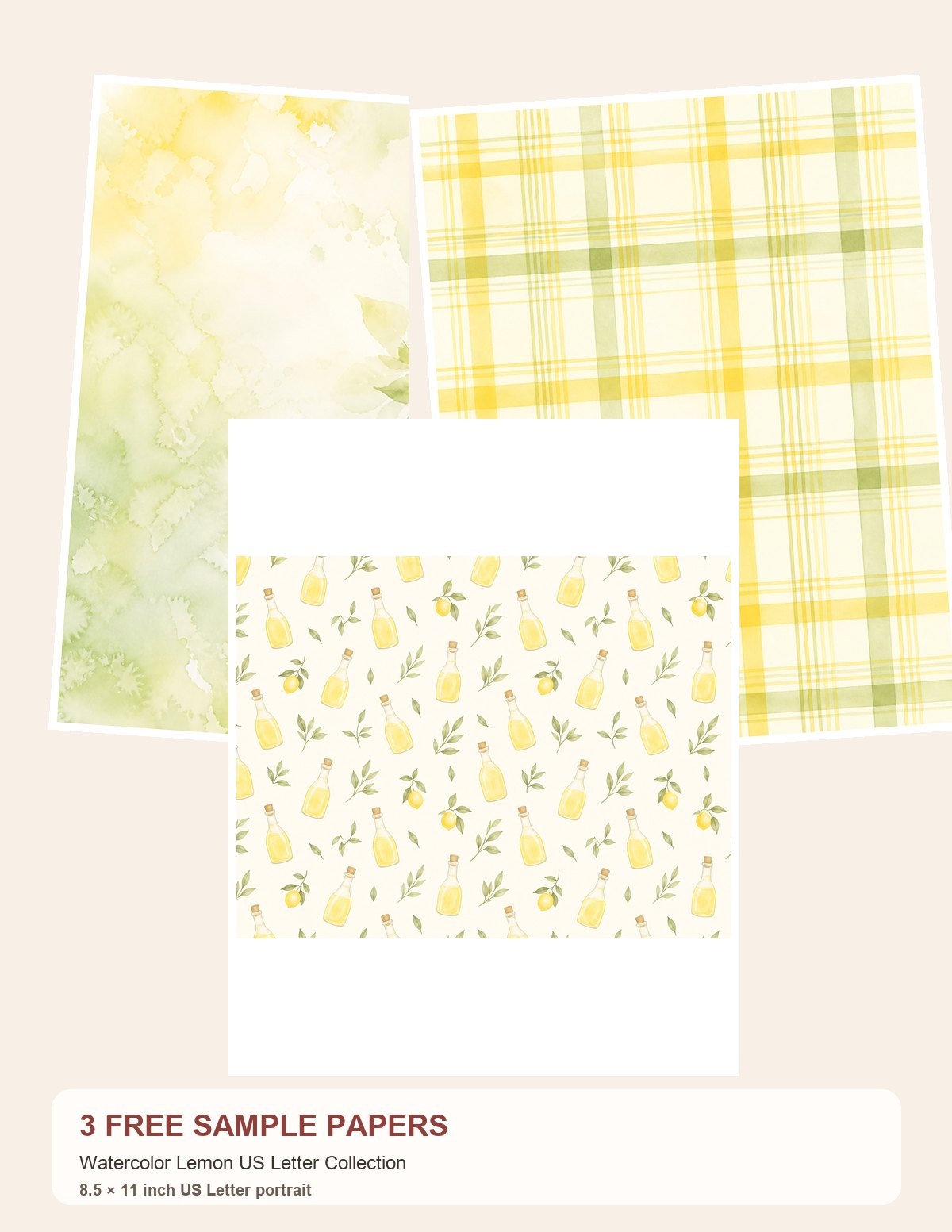 Free Watercolor Lemon US Letter Collection – 3 Printable Scrapbook Paper Samples