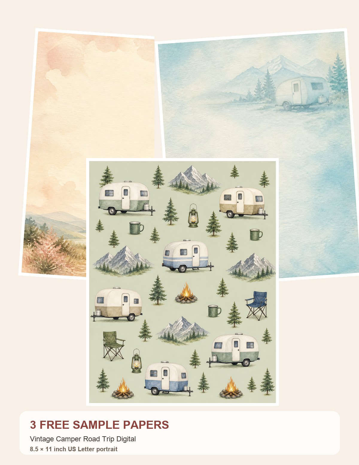 Free Vintage Camper Road Trip Digital – 3 US Letter Paper Samples