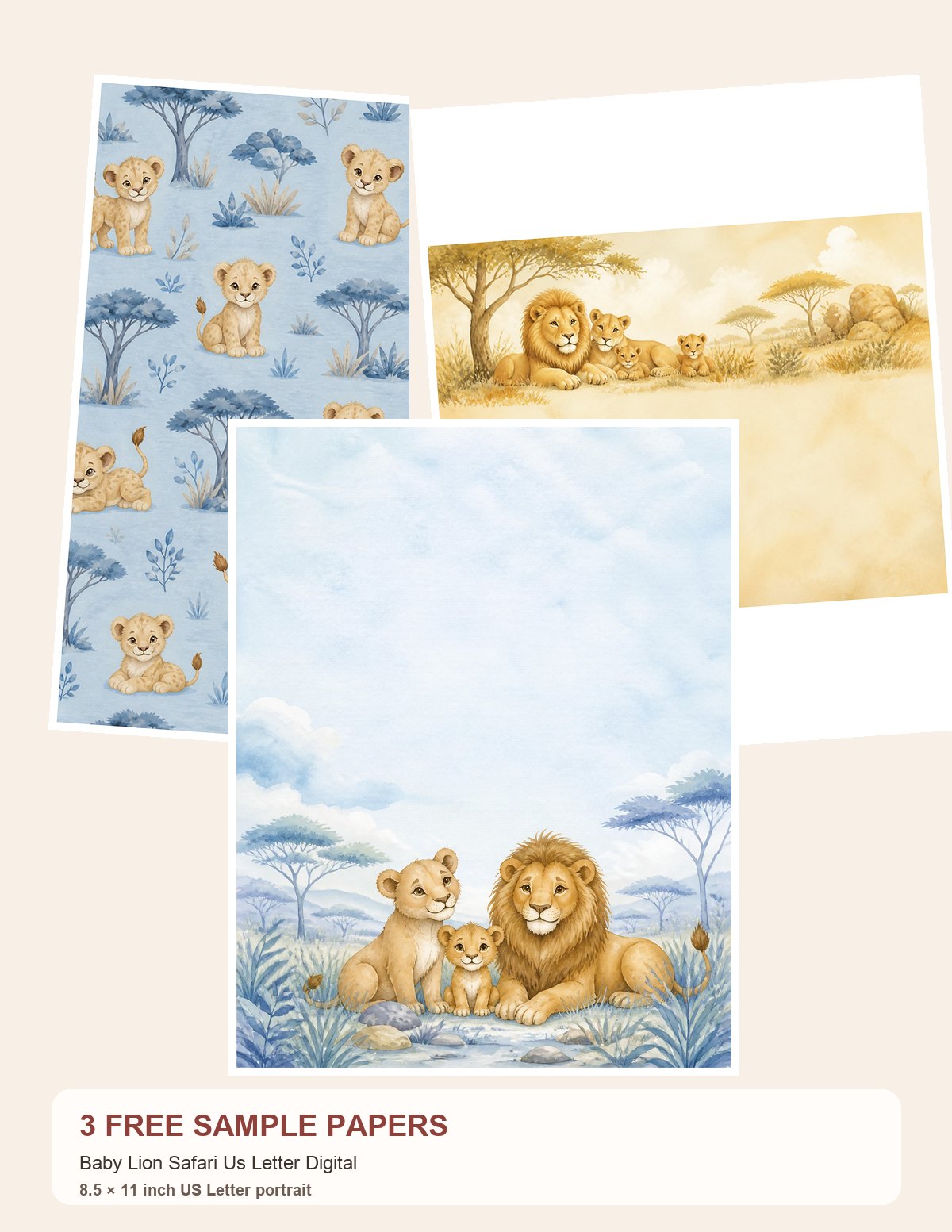 Free Baby Lion Safari Us Letter Digital – 3 US Letter Paper Samples