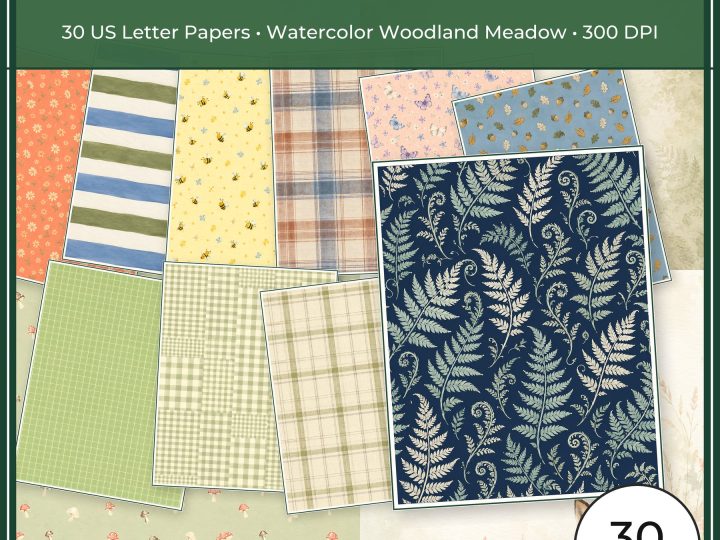 Soft Woodland Meadow Scrapbook Paper Bundle, 30 US Letter Watercolor Papers
