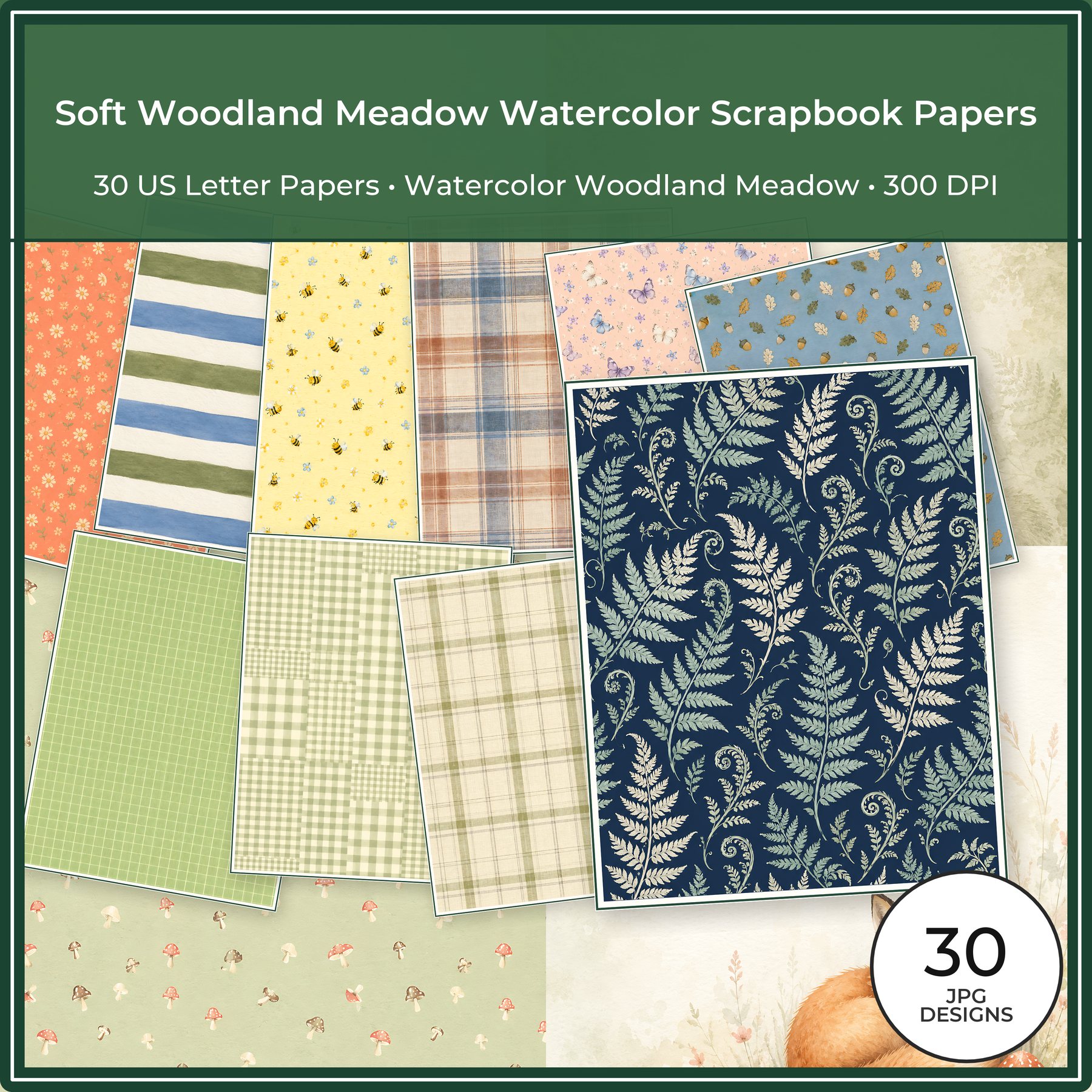 Soft Woodland Meadow Scrapbook Paper Bundle, 30 US Letter Watercolor Papers