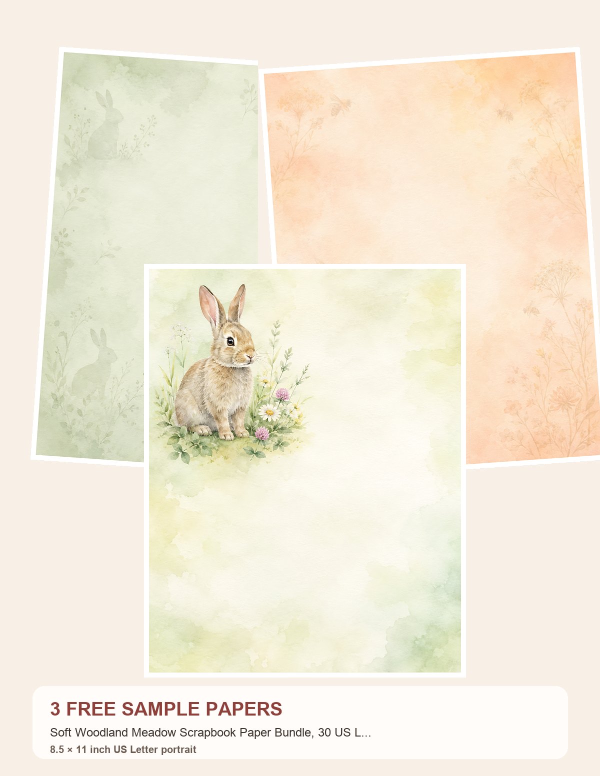 Free Soft Woodland Meadow Scrapbook Paper Bundle, 30 US Letter Watercolor Papers – 3 Printable Scrapbook Paper Samples