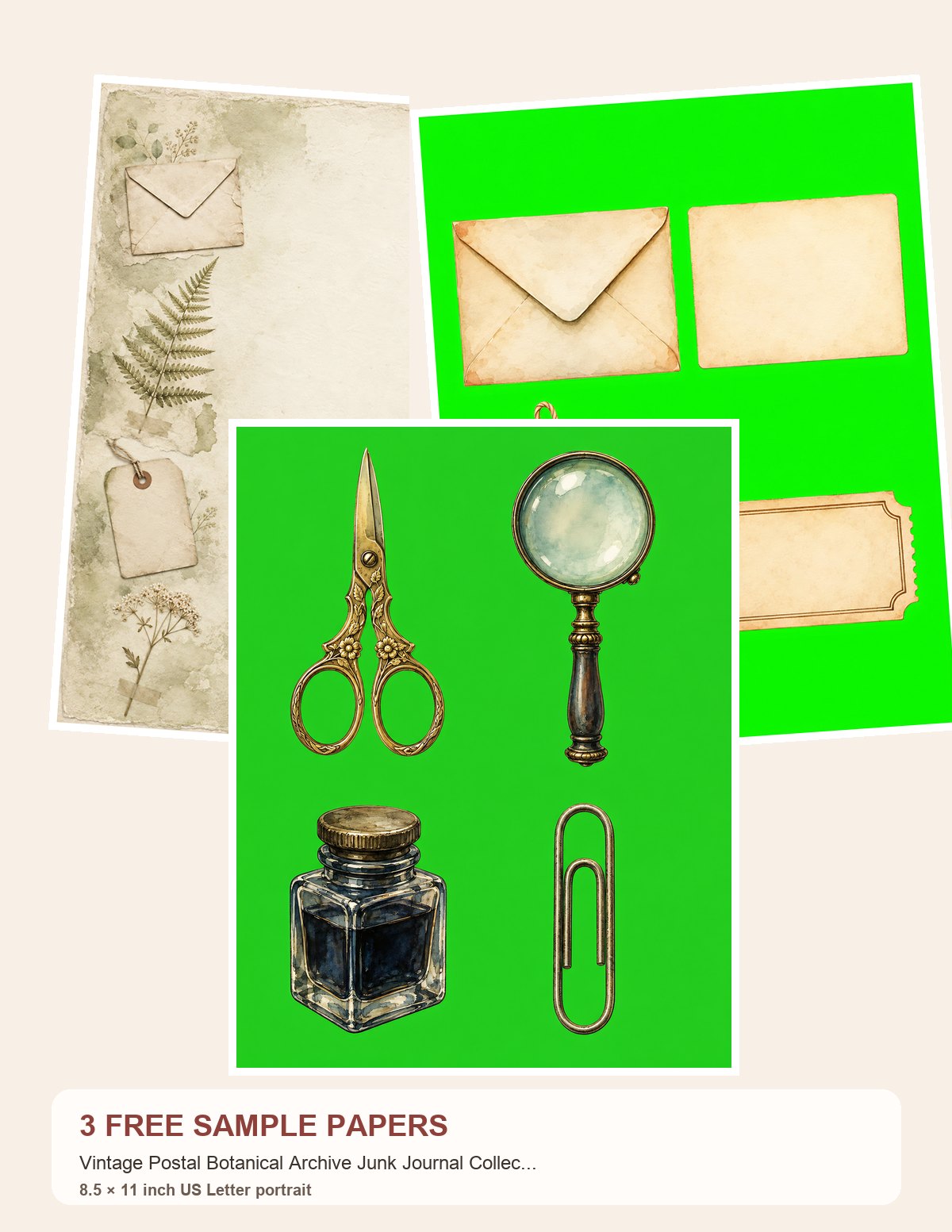 Free Vintage Postal Botanical Archive Junk Journal Collection – 3 US Letter Paper Samples