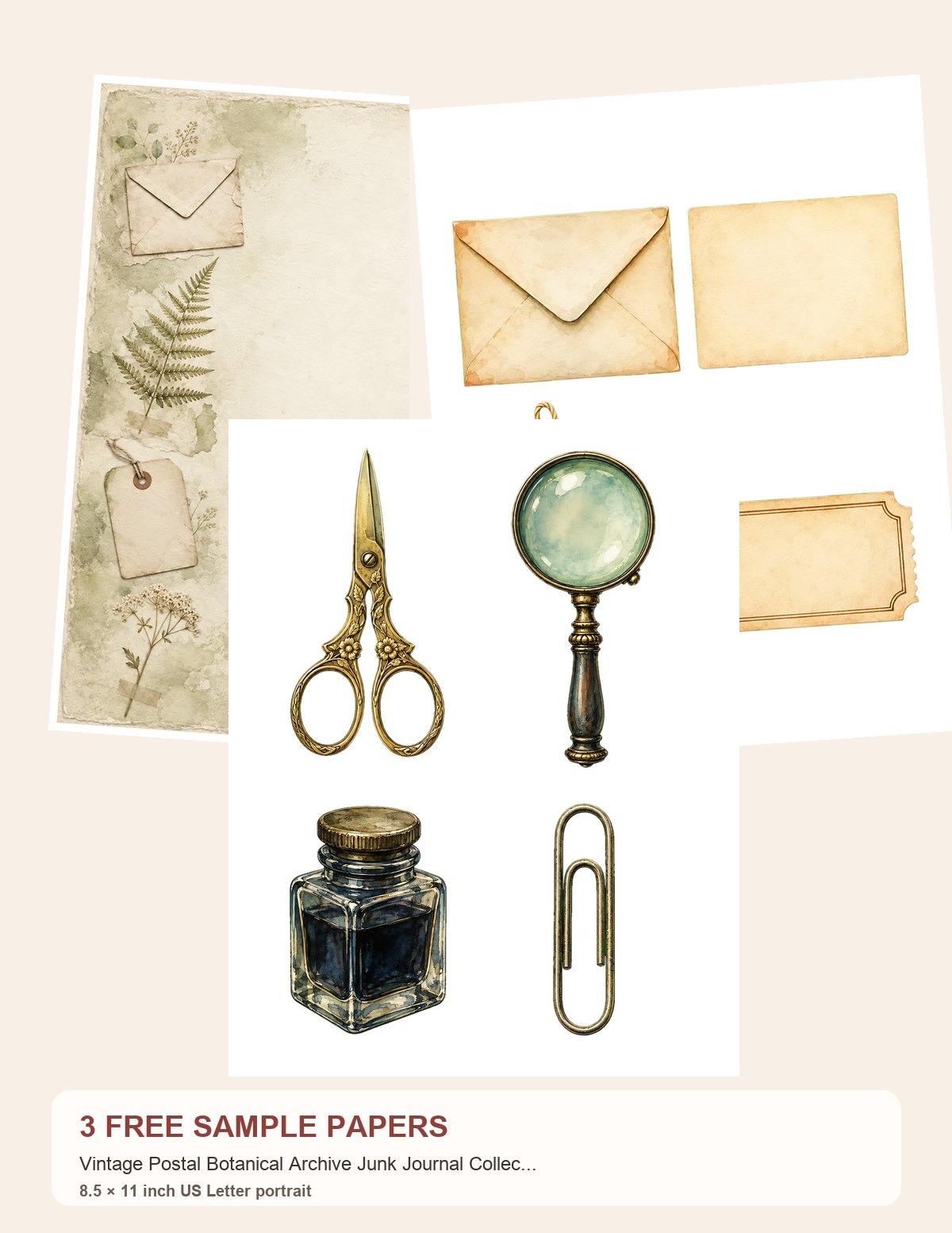 Free Vintage Postal Botanical Archive Junk Journal Collection – 3 US Letter Paper Samples