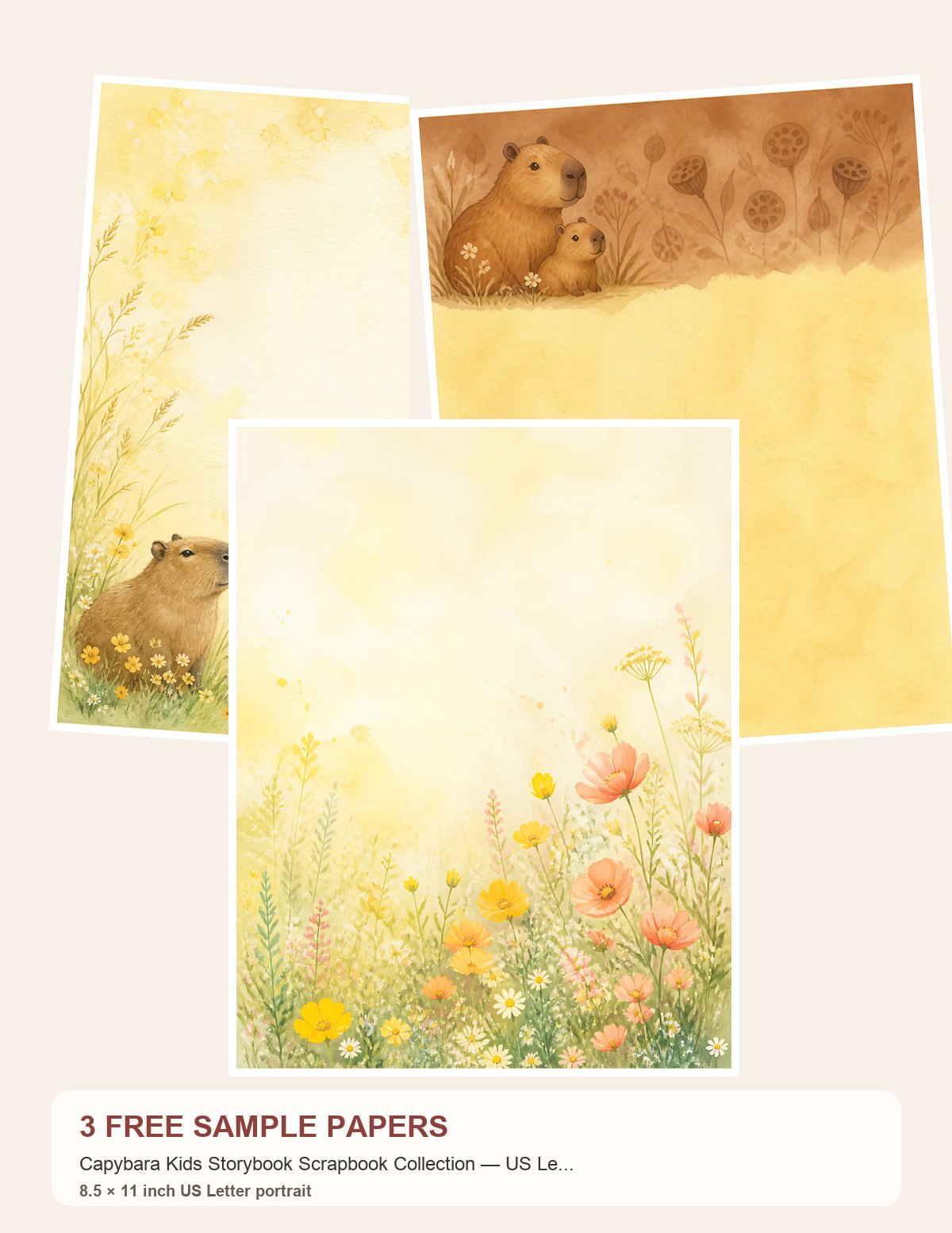 Free Capybara Kids Storybook Scrapbook Collection — US Letter – 3 Printable Scrapbook Paper Samples