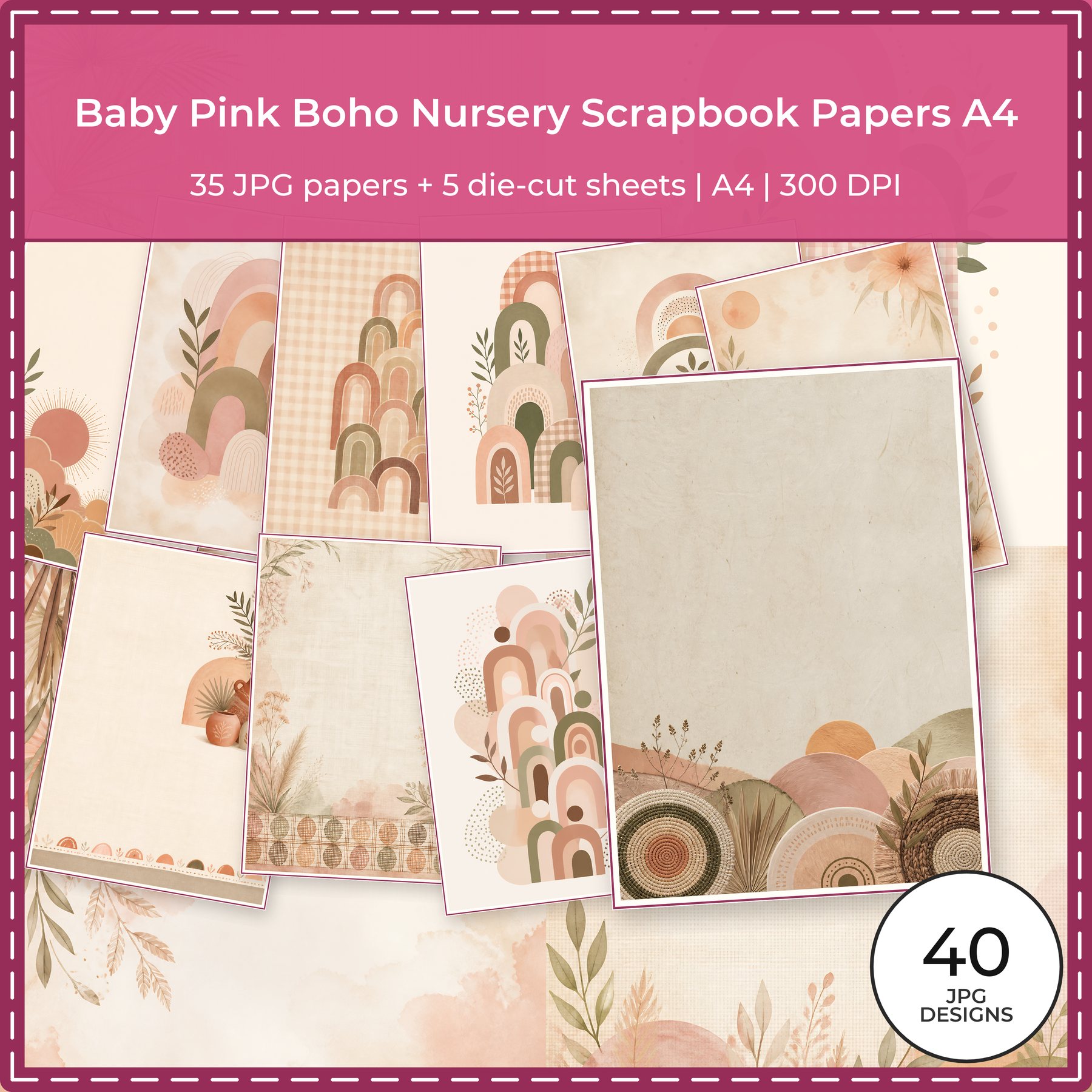 Baby Pink Boho Nursery Scrapbook Papers A4