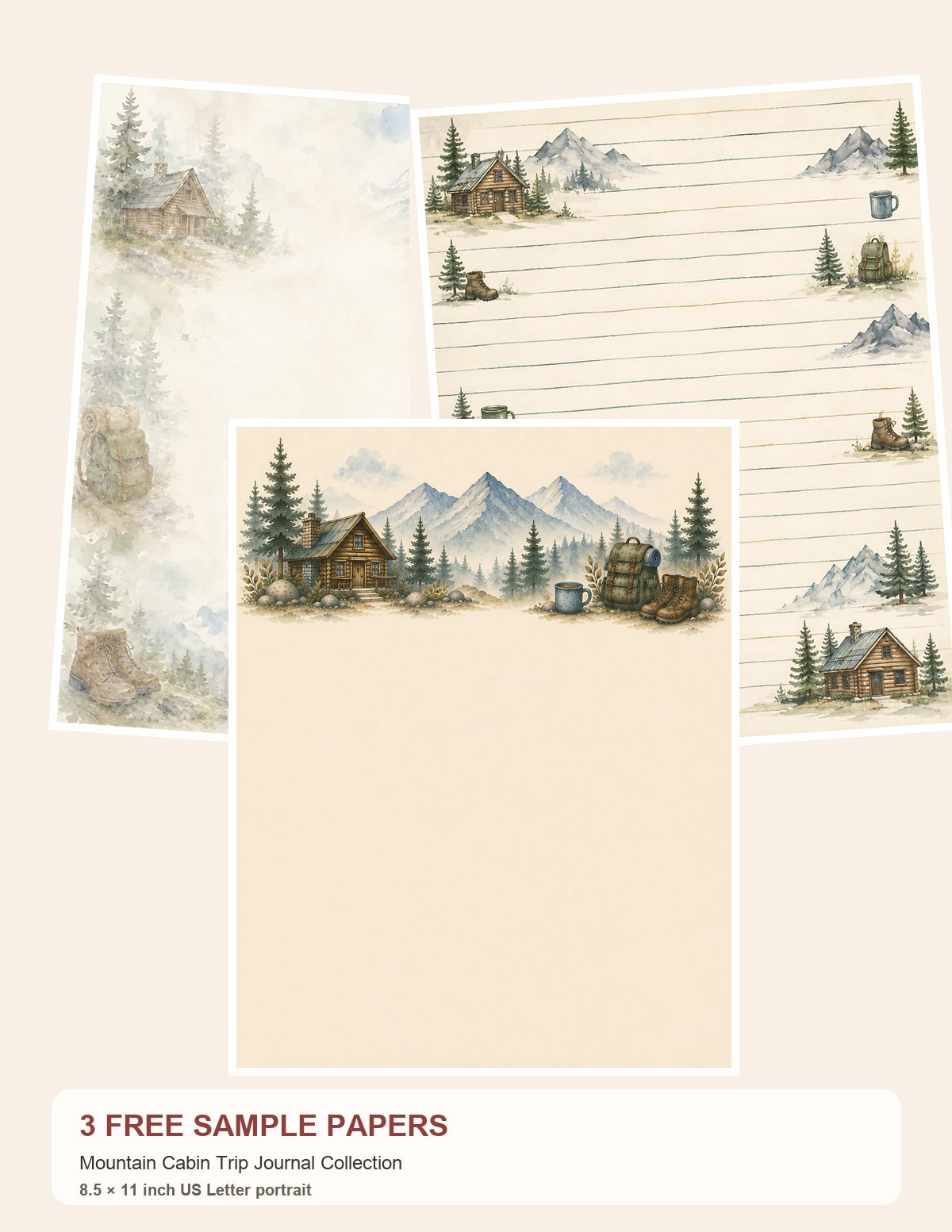 Free Mountain Cabin Trip Journal Collection – 3 Scrapbook Paper Samples