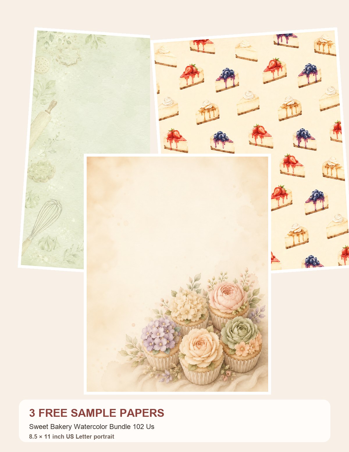 Free Sweet Bakery Watercolor Bundle 102 Us – 3 US Letter Paper Samples