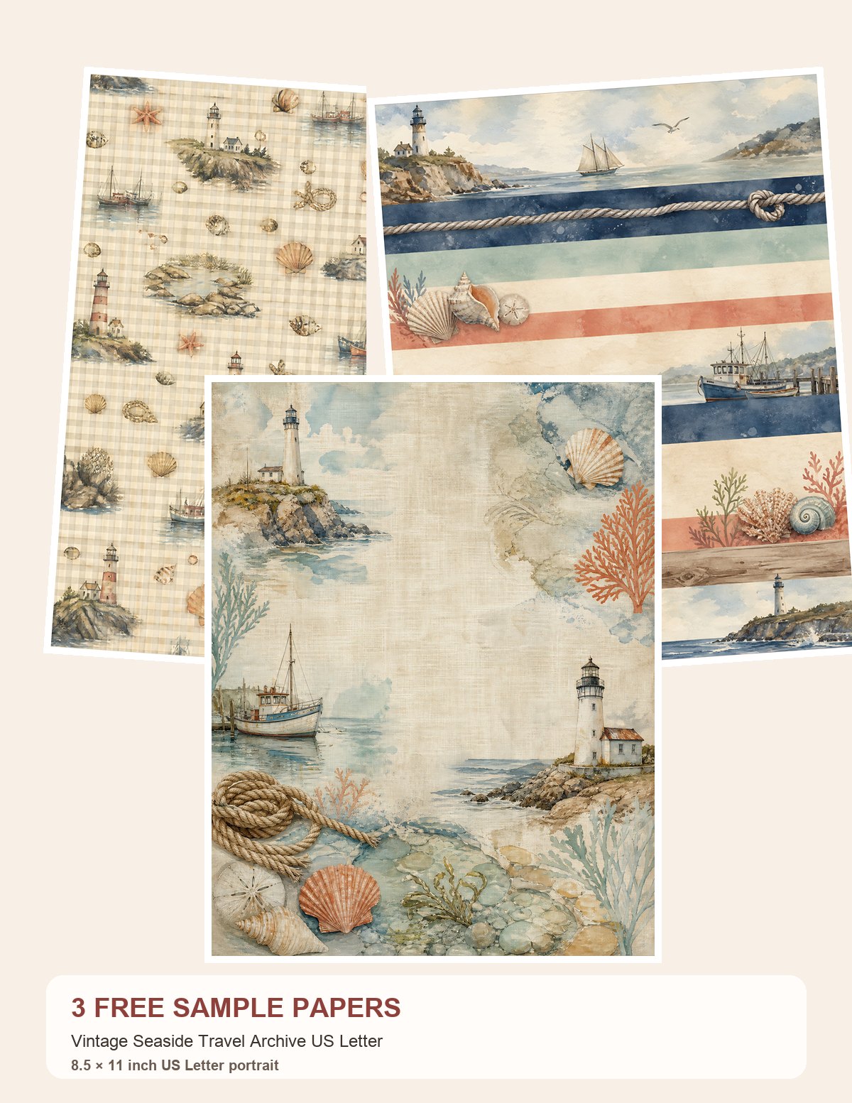Free Vintage Seaside Travel Archive US Letter – 3 Printable Scrapbook Paper Samples