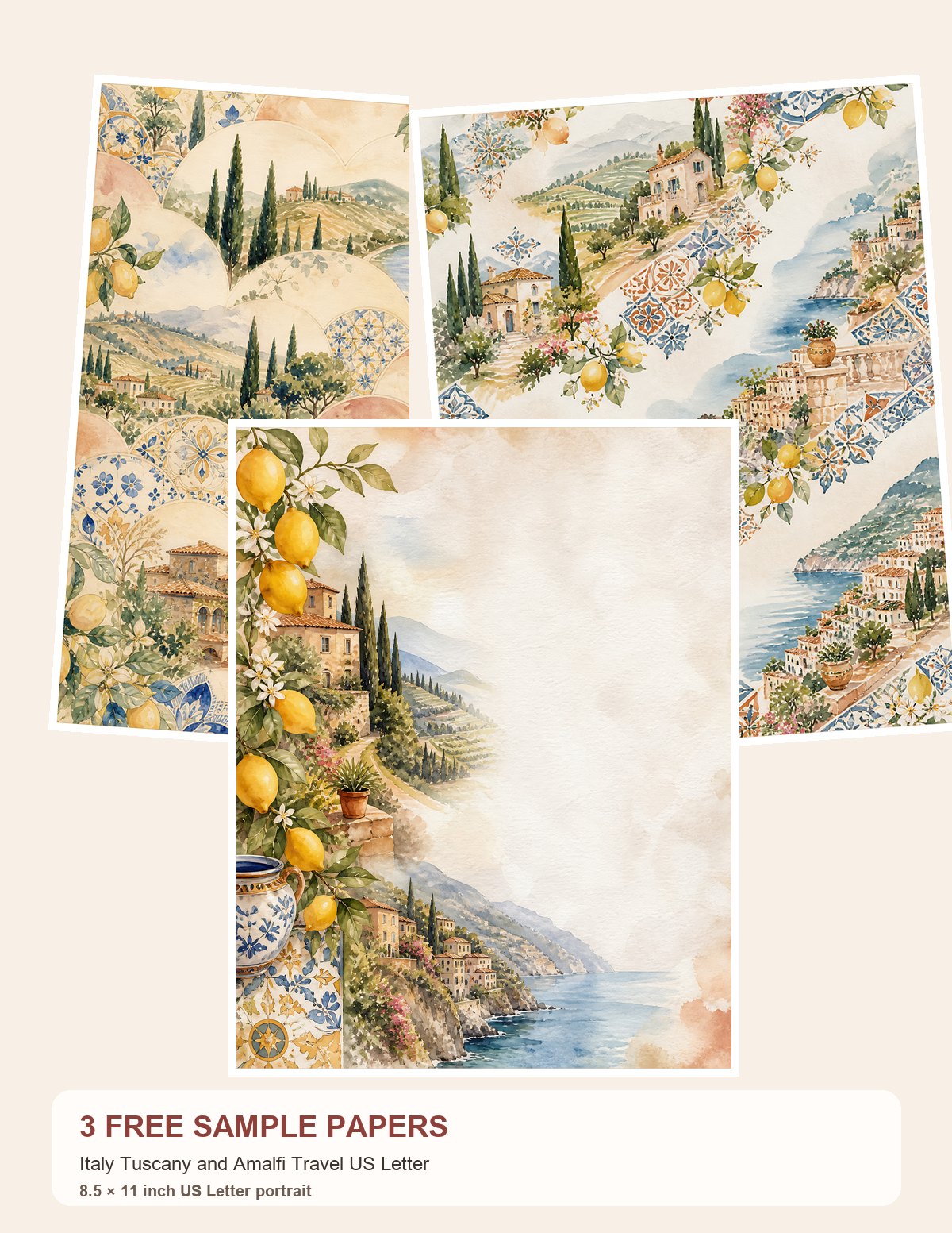 Free Italy Tuscany and Amalfi Travel US Letter – 3 Printable Scrapbook Paper Samples