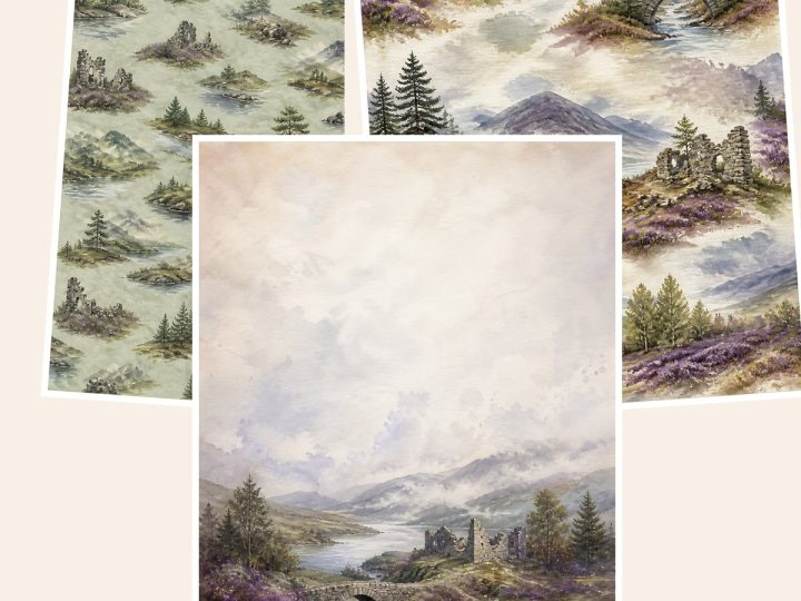 Free Scotland Highlands Mystic Outlands US Letter – 3 Printable Scrapbook Paper Samples
