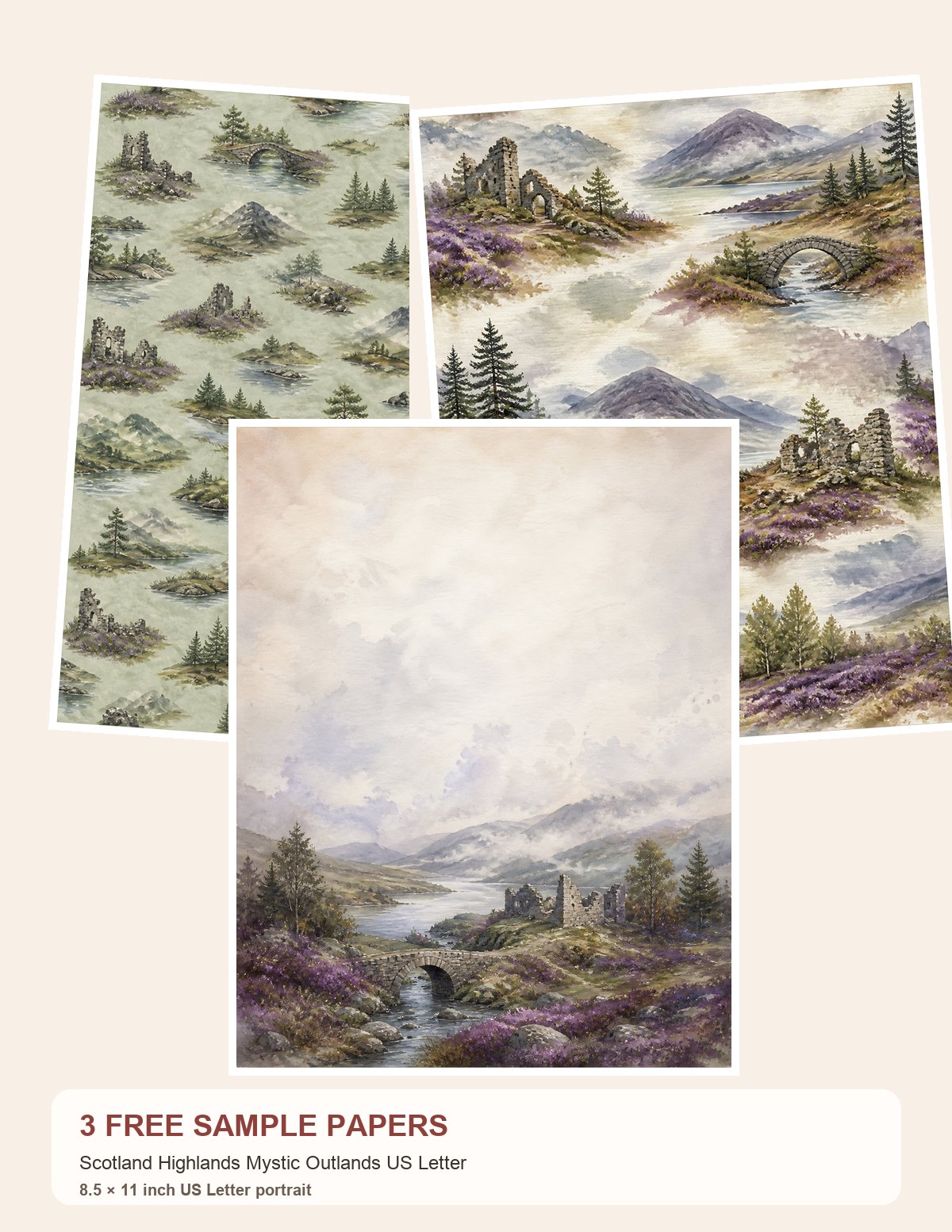 Free Scotland Highlands Mystic Outlands US Letter – 3 Printable Scrapbook Paper Samples