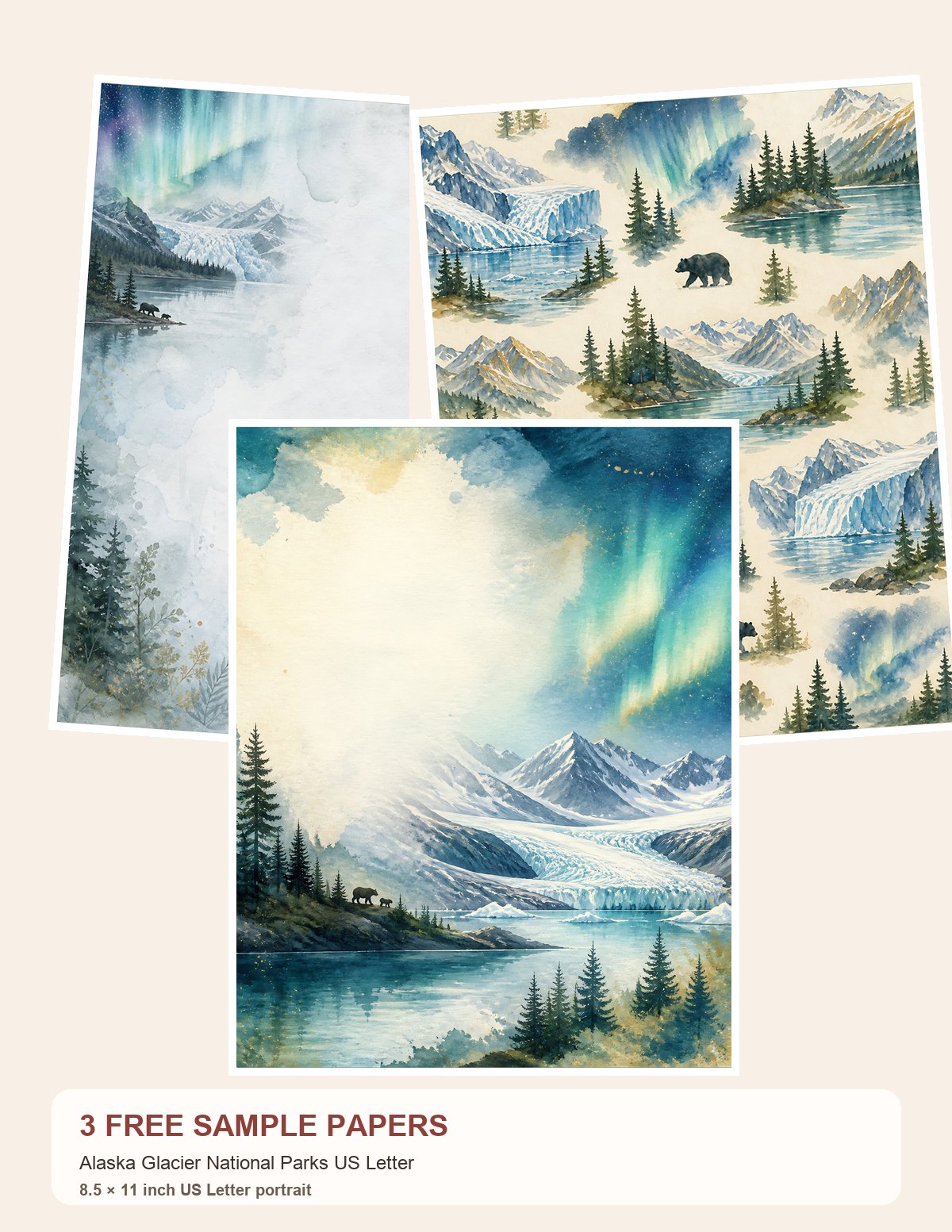 Free Alaska Glacier National Parks US Letter – 3 Printable Scrapbook Paper Samples