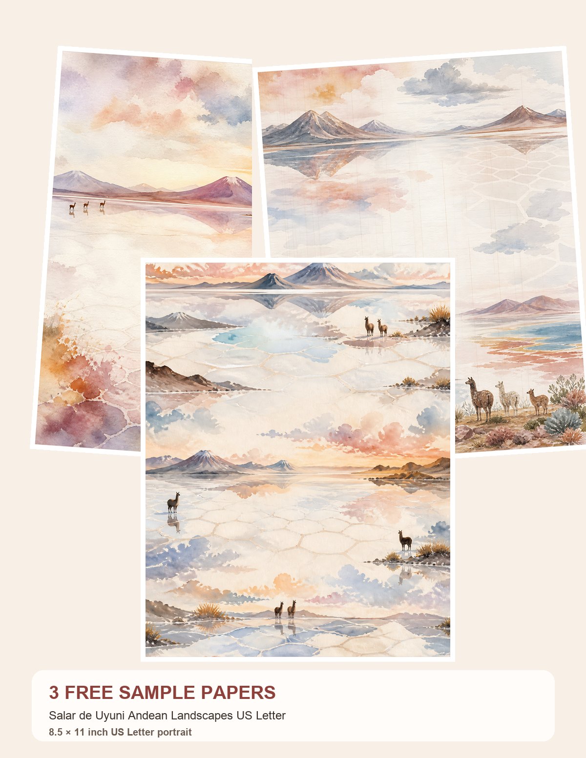 Free Salar de Uyuni Andean Landscapes US Letter – 3 Printable Scrapbook Paper Samples