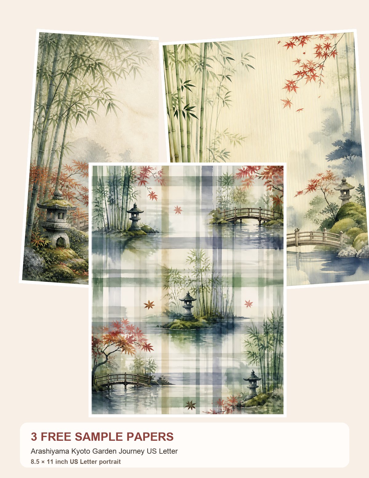 Free Arashiyama Kyoto Garden Journey US Letter – 3 Printable Scrapbook Paper Samples