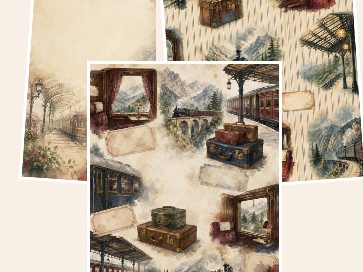 Free Vintage European Train Journey US Letter – 3 Printable Scrapbook Paper Samples