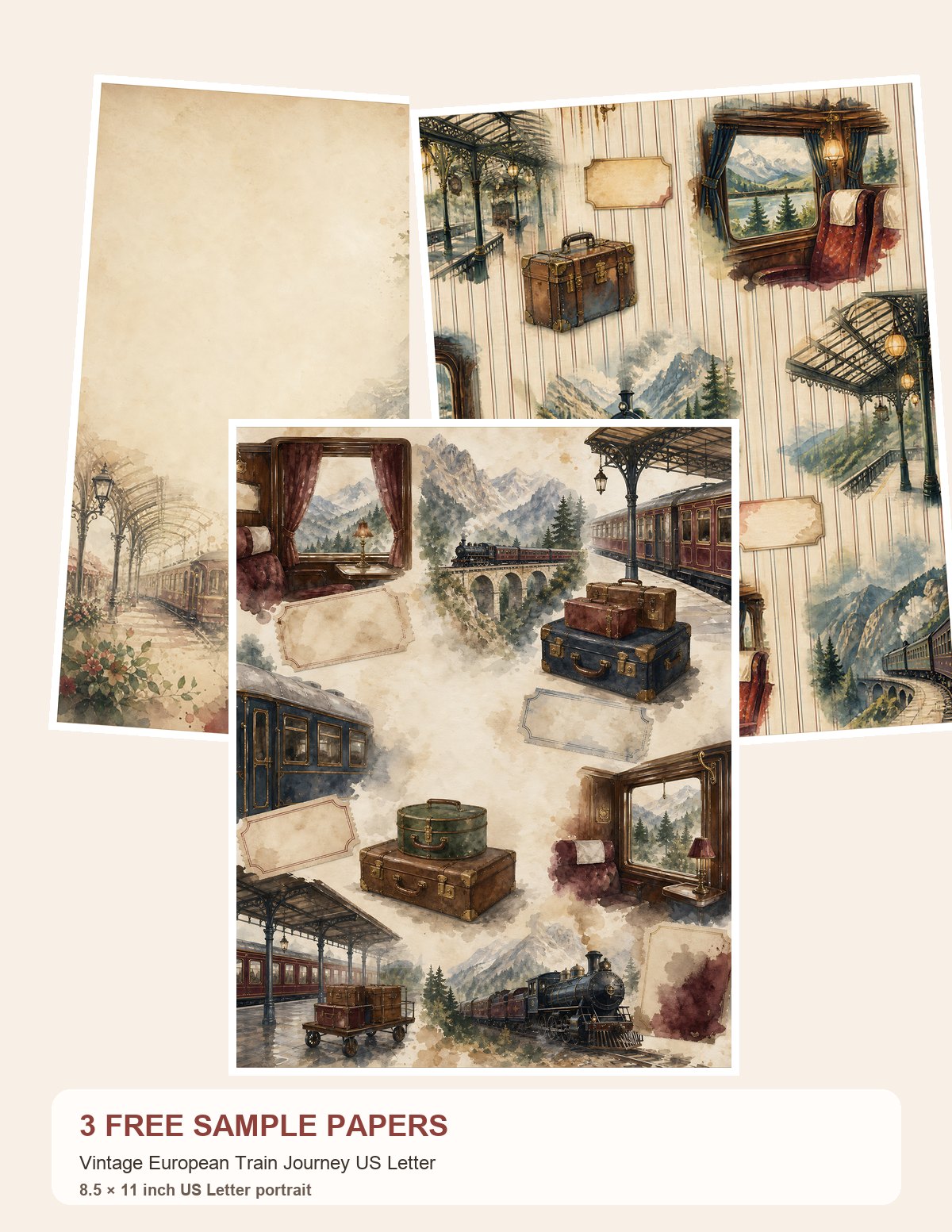 Free Vintage European Train Journey US Letter – 3 Printable Scrapbook Paper Samples