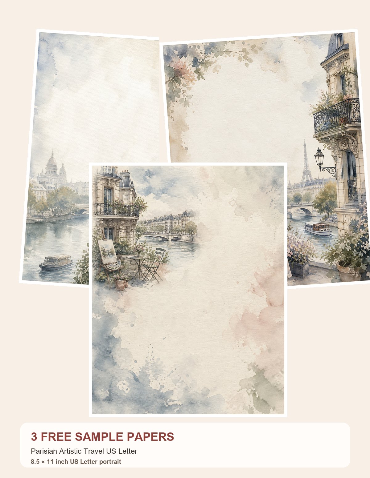 Free Parisian Artistic Travel US Letter – 3 Printable Scrapbook Paper Samples