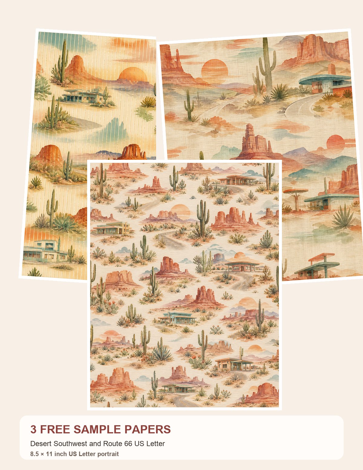 Free Desert Southwest and Route 66 US Letter – 3 Printable Scrapbook Paper Samples