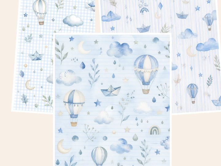 Free Baby Blue Watercolor A4 Adapted Collection – 3 Printable Scrapbook Paper Samples