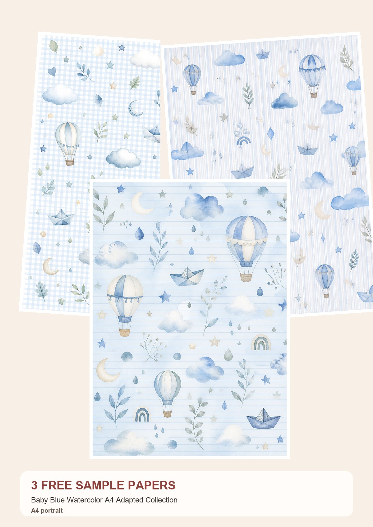 Free Baby Blue Watercolor A4 Adapted Collection – 3 Printable Scrapbook Paper Samples