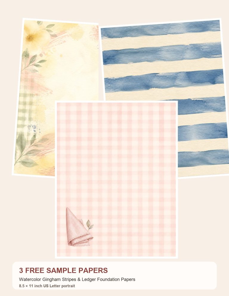 Free Watercolor Gingham Stripes & Ledger Foundation Papers – 3 Printable Scrapbook Paper Samples preview