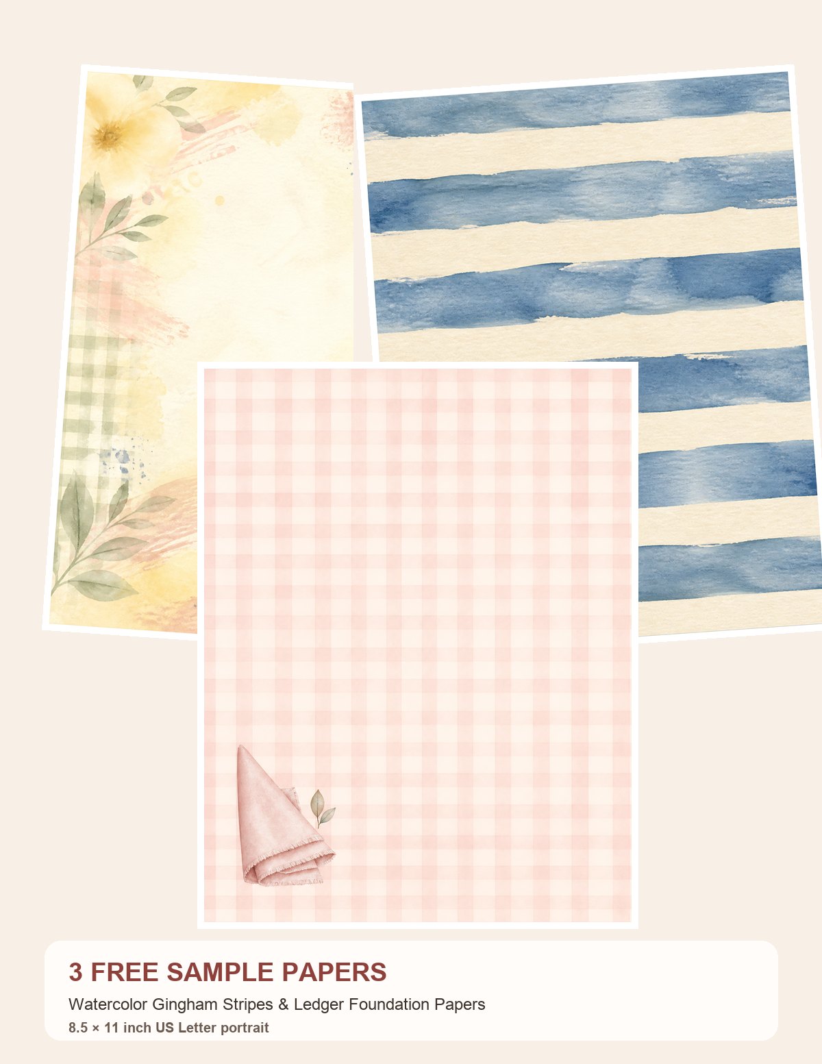 Free Watercolor Gingham Stripes & Ledger Foundation Papers – 3 Printable Scrapbook Paper Samples
