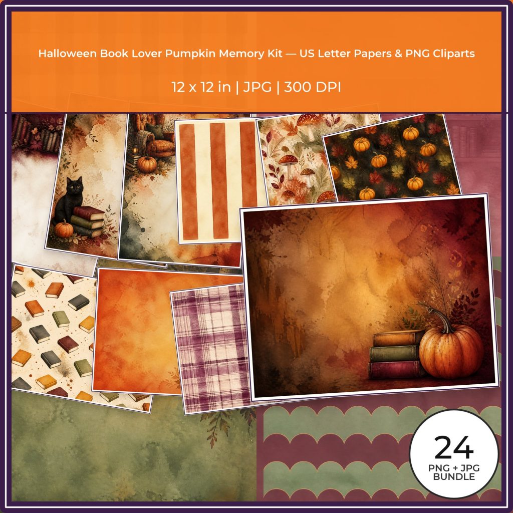 Halloween Book Lover Pumpkin Memory Kit — US Letter Papers & PNG Cliparts