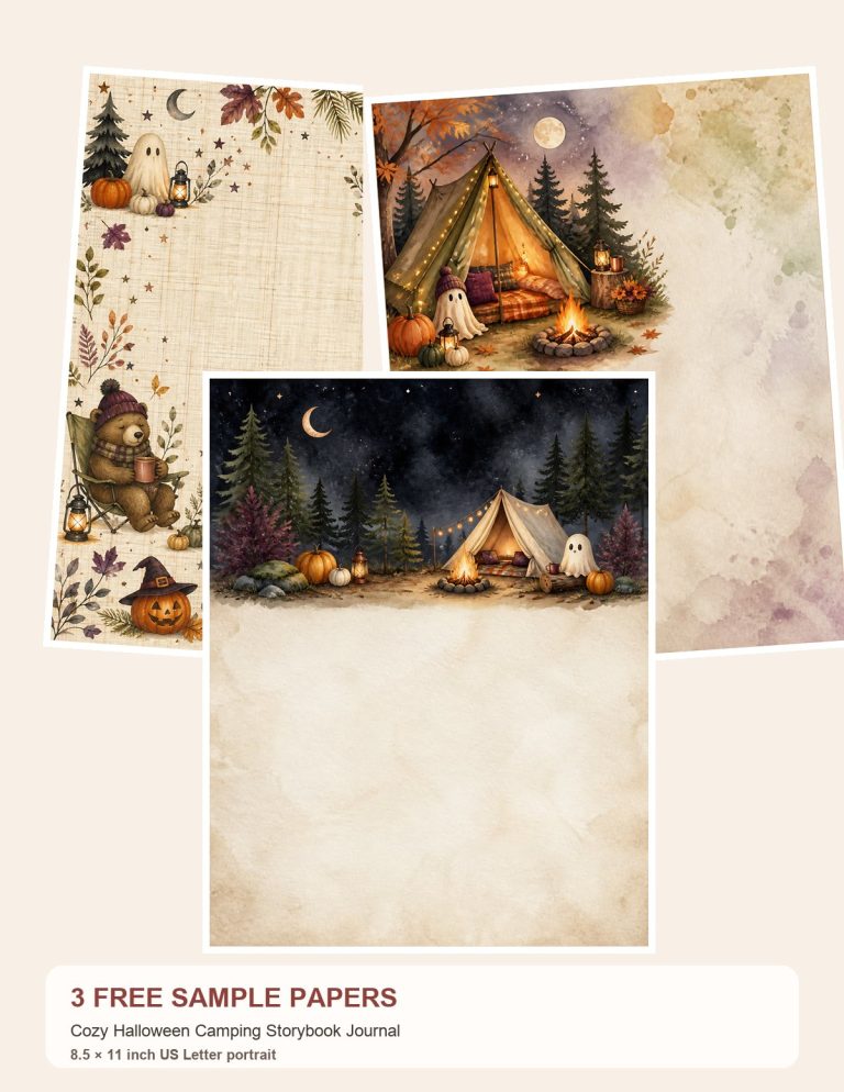 Free Cozy Halloween Camping Storybook Journal – 3 Printable Scrapbook Paper Samples preview