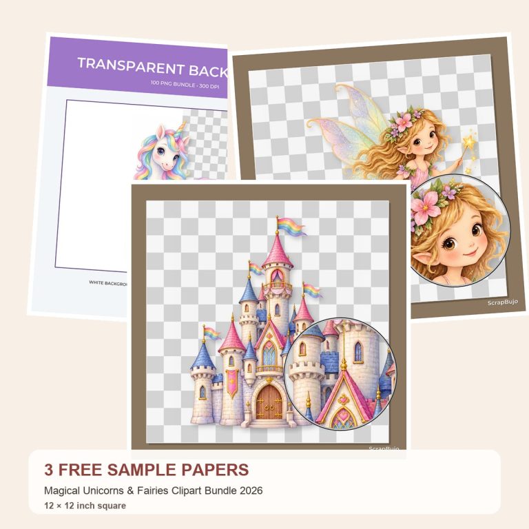 Free Magical Unicorns & Fairies Clipart Bundle 2026 – 3 Printable Scrapbook Paper Samples preview