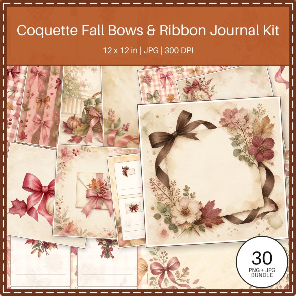 Coquette Fall Bows & Ribbon Journal Kit, 24 Papers, 24 PNG Cliparts + 6 Printables