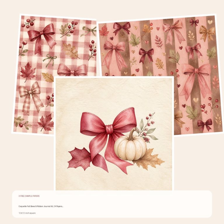 Free Coquette Fall Bows & Ribbon Journal Kit, 24 Papers, 24 PNG Cliparts + 6 Printables – 3 square Paper Samples preview