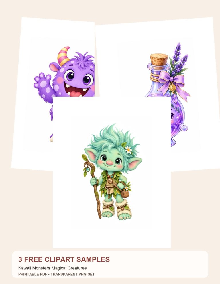 Free Kawaii Monsters Magical Creatures – 3 Printable Clipart Samples preview