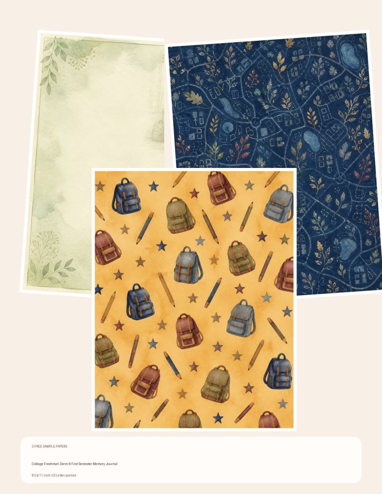 Free College Freshman Dorm & First Semester Memory Journal – 3 Scrapbook Paper Samples preview