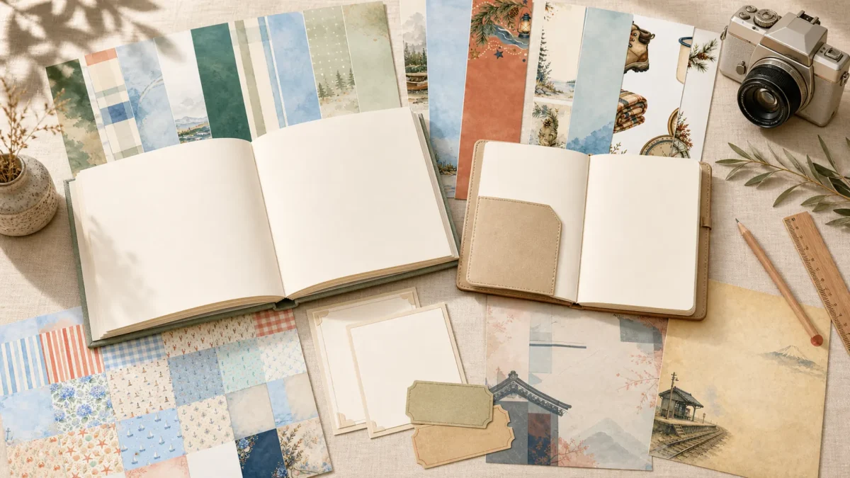 7 Travel Collections for an August Album or Journal AI-assisted editorial mockup using real ScrapBujo travel paper previews